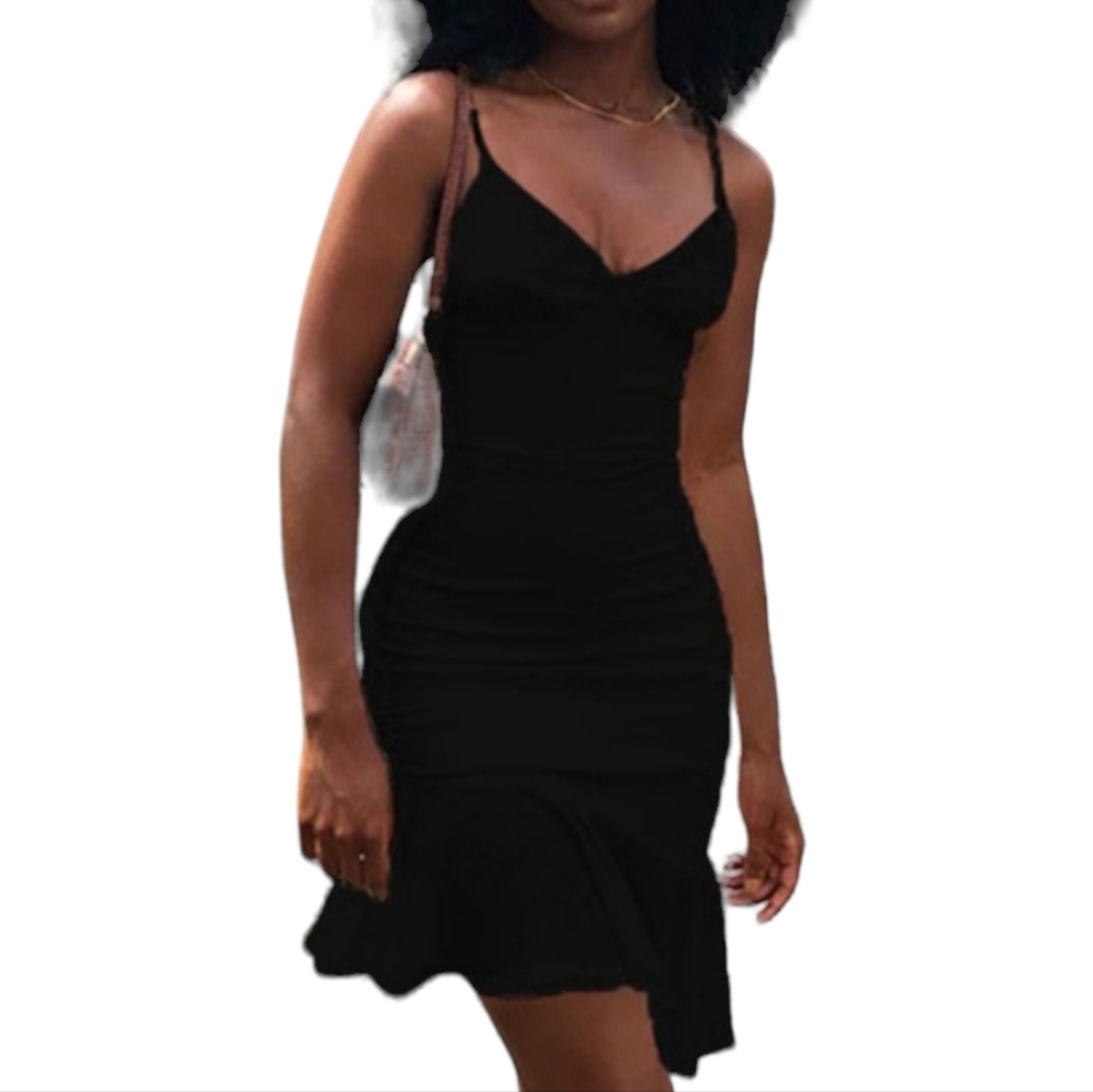 DRESS BLACK SPIGETTI STRAP ASYMETRICAL PARTY DRESS